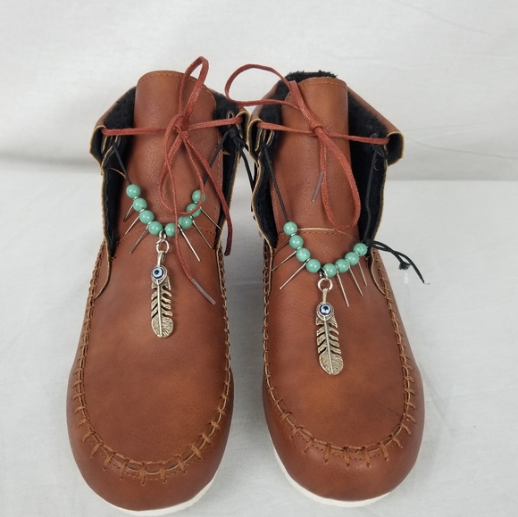 none listed Shoes - Feather and beaded faux fur lined ankle booties